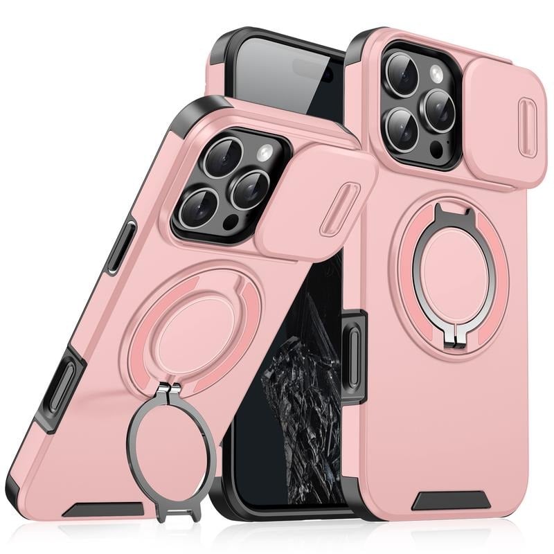 FUNDA PROTECTORA ANTIGOLPES CON TAPA DESLIZANTE PARA CÁMARA Y SOPORTE GIRATORIO PARA IPHONE 13 AL 17