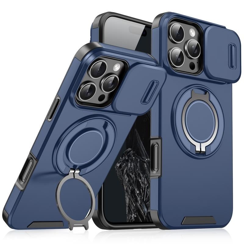 FUNDA PROTECTORA ANTIGOLPES CON TAPA DESLIZANTE PARA CÁMARA Y SOPORTE GIRATORIO PARA IPHONE 13 AL 17