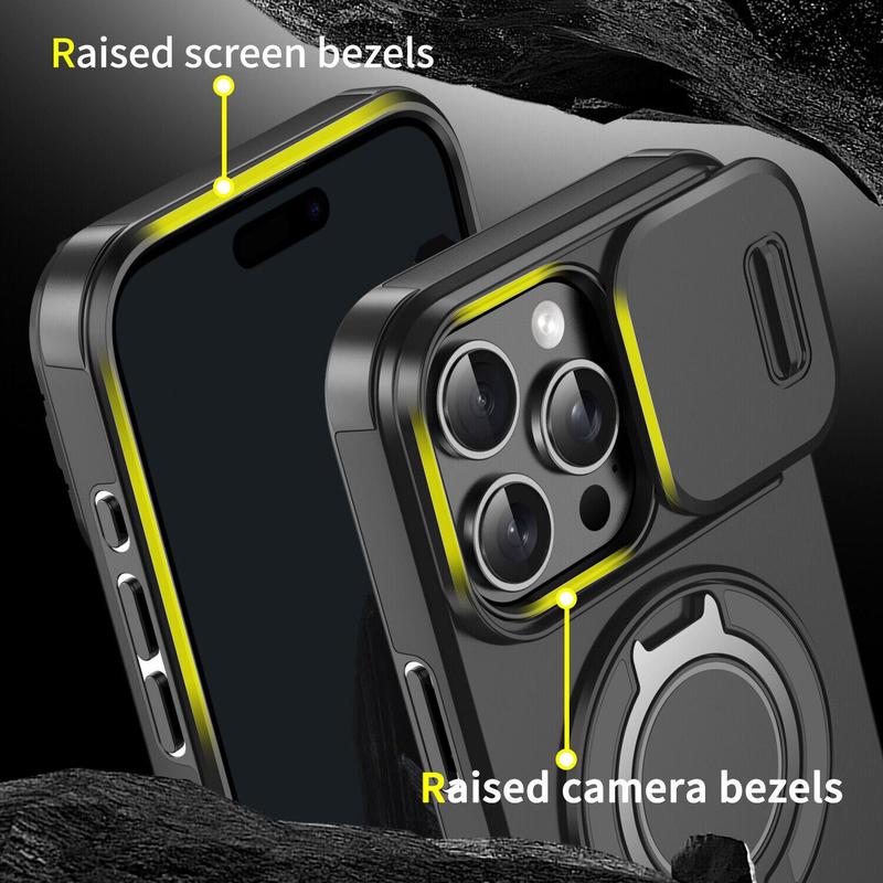 FUNDA PROTECTORA ANTIGOLPES CON TAPA DESLIZANTE PARA CÁMARA Y SOPORTE GIRATORIO PARA IPHONE 13 AL 17